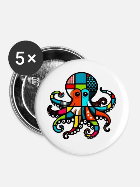 Krake - Buttons groß 56 mm (5er Pack) - Weiß