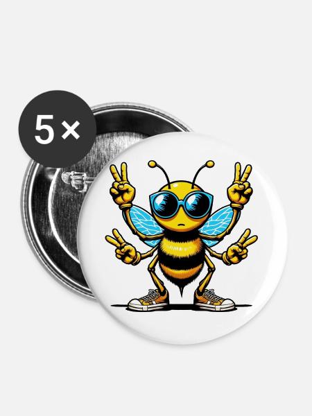 Biene mit Sonnenbrille - Buttons groß 56 mm (5er Pack) - Weiß
