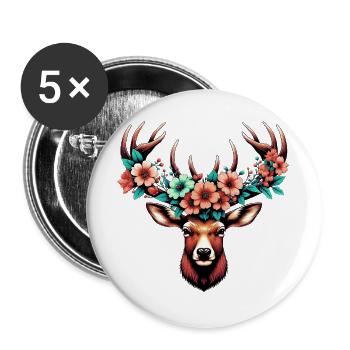 Cerf avec des fleurs - Lot de 5 grands badges (56 mm) - blanc - Devant