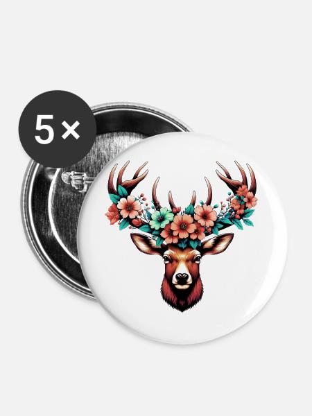 Hirsch mit Blumen - Buttons groß 56 mm (5er Pack) - Weiß