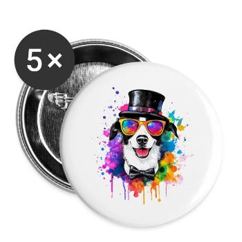 Party Hund mit Zylinder Hut Sonnenbrille Graffiti - Buttons groß 56 mm (5er Pack) - Weiß - Vorne