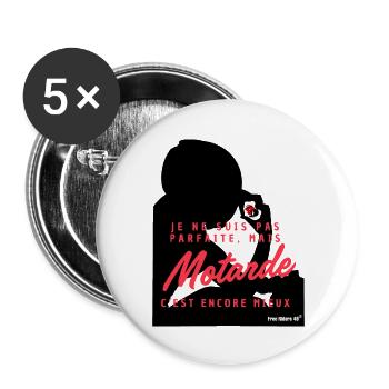 FR49 - Je ne suis pas parfaite mais motarde - Lot de 5 grands badges (56 mm) - blanc - Devant