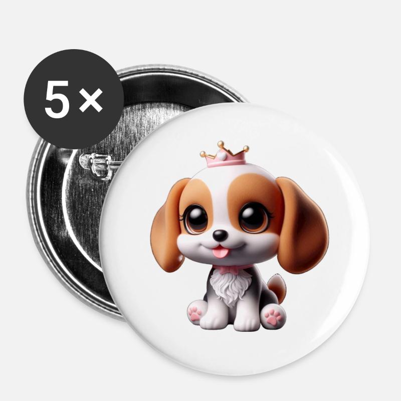 Playful dog motif with crown - Buttons large 2.2''/56 mm (5-pack) - white