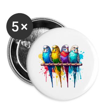Perruches colorées - Lot de 5 grands badges (56 mm) - blanc - Devant