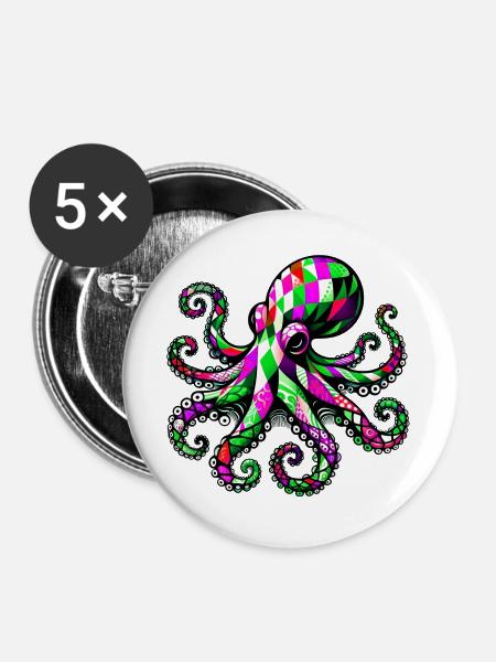 Krake - Buttons groß 56 mm (5er Pack) - Weiß