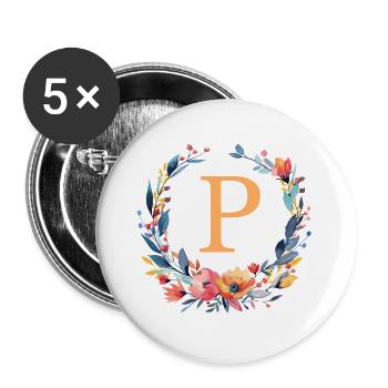 P Monogram, Couronne de fleurs, Personnalisable - Lot de 5 grands badges (56 mm) - blanc - Devant