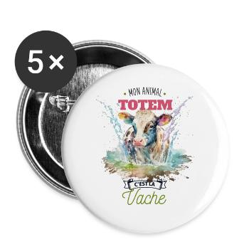 Mon animal totem c'est la vache - Lot de 5 grands badges (56 mm) - blanc - Devant