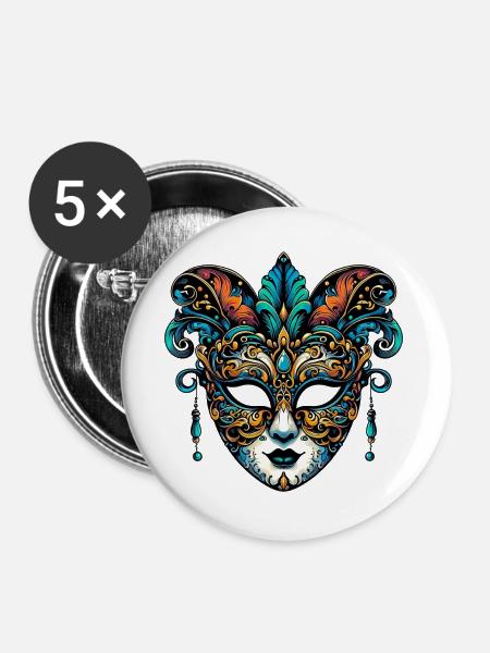 Karnevalsmaske in Venedig - Buttons groß 56 mm (5er Pack) - Weiß