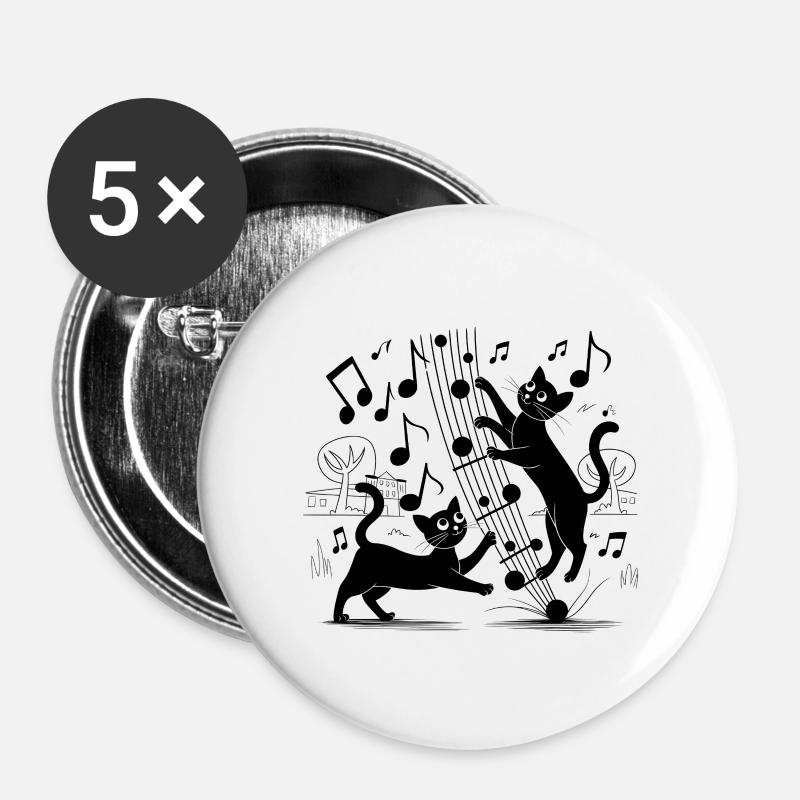 Schwarze Katzen Muster spielen mit Musiknote - Buttons groß 56 mm (5er Pack) - Weiß
