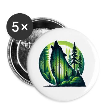 Silhouette heulender Wolf mit grünem Wald - Buttons groß 56 mm (5er Pack) - Weiß - Vorne