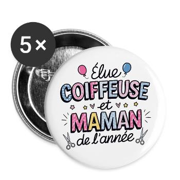 Elue coiffeuse et maman de l'année - Lot de 5 grands badges (56 mm) - blanc - Devant