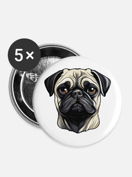 hund mops - Buttons groß 56 mm (5er Pack) - Weiß