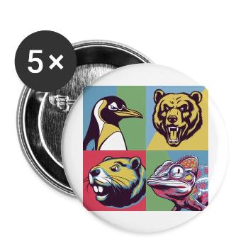 Pop Art pingouin ours castor caméléon animaux colorés - Lot de 5 grands badges (56 mm) - blanc - Devant
