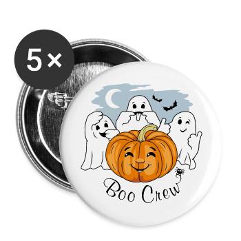 Drei lustige Geister und Halloween-Kürbis. Buh-Crew - Buttons groß 56 mm (5er Pack) - Weiß - Vorne