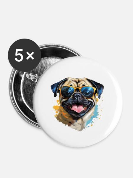 Mops mit Sonnenbrille - Buttons groß 56 mm (5er Pack) - Weiß