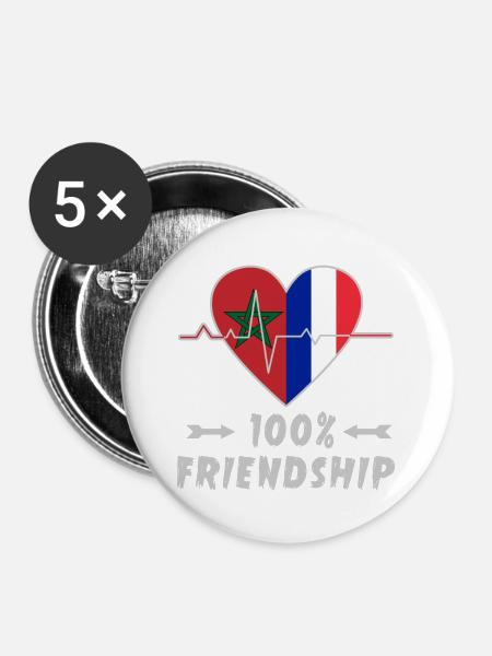 Marokko und Frankreich 100% Freundschaft - Buttons groß 56 mm (5er Pack) - Weiß