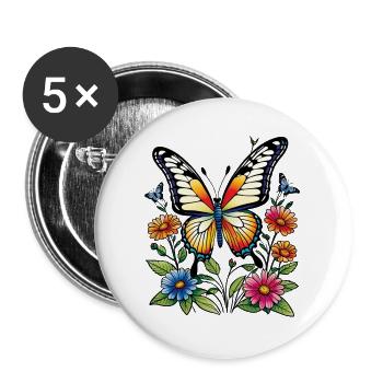 Farbenfroher Schmetterling im Blütenmeer - Buttons groß 56 mm (5er Pack) - Weiß - Vorne
