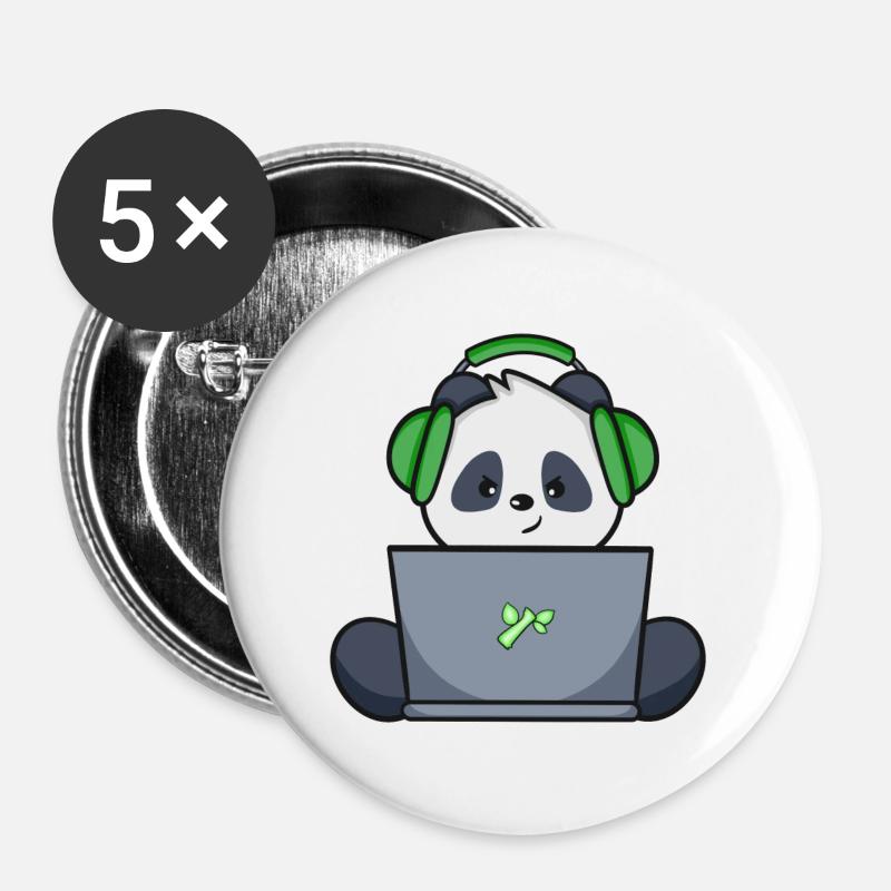 Gaming Panda with green headset - Buttons large 2.2''/56 mm (5-pack) - white