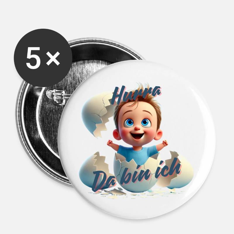 Hurra - Da bin da / Junge - Buttons groß 56 mm (5er Pack) - Weiß