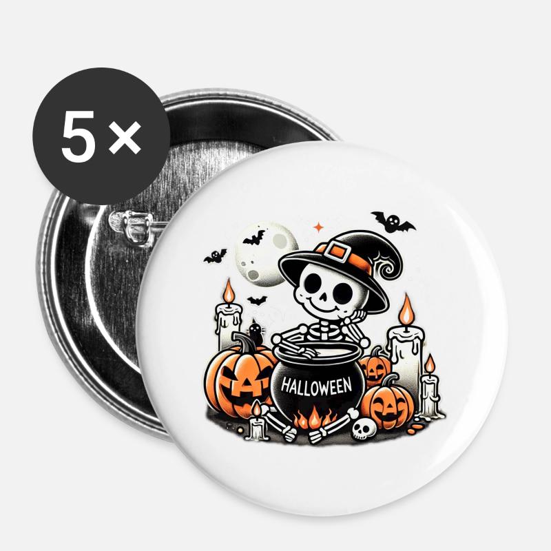 Cute Halloween skeleton with pumpkin and cauldron - Buttons large 2.2''/56 mm (5-pack) - white
