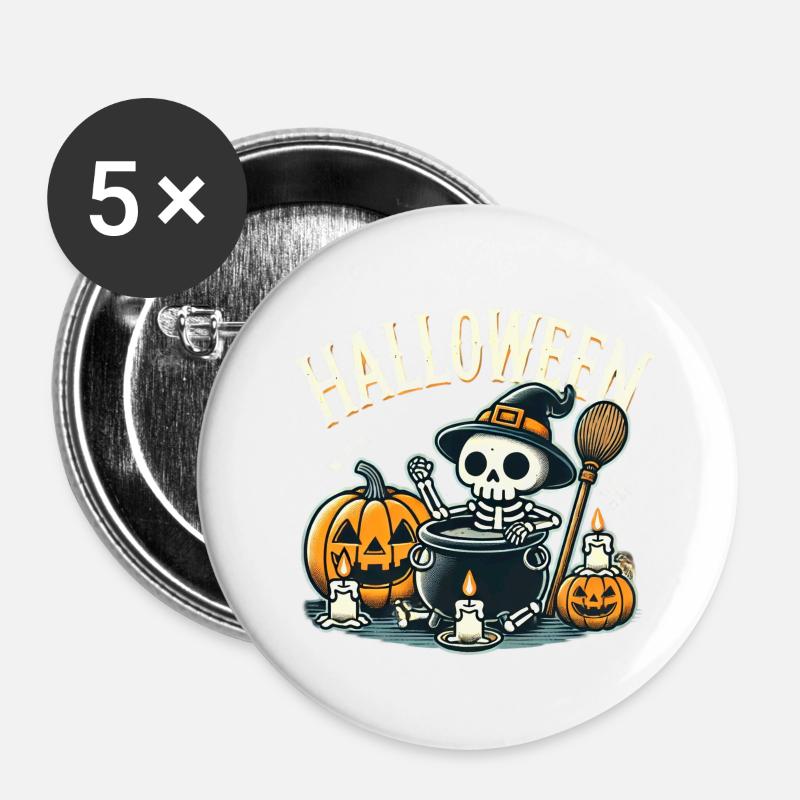 Cute Halloween skeleton with pumpkin and cauldron - Buttons large 2.2''/56 mm (5-pack) - white