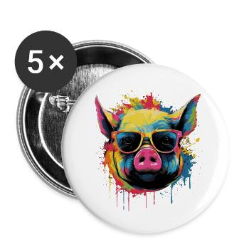 Lustiges Ferkel mit Sonnenbrille - Buttons groß 56 mm (5er Pack) - Weiß - Vorne