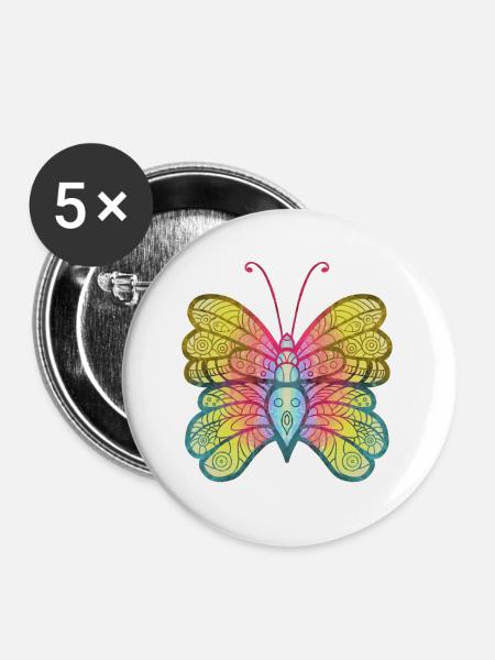 Mandala Schmetterling Wasserfarbe - Buttons groß 56 mm (5er Pack) - Weiß