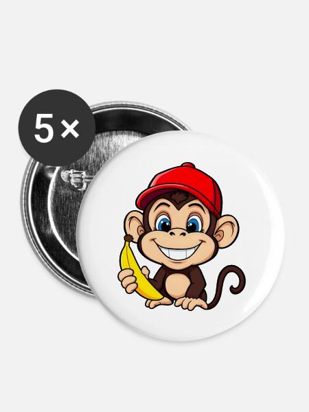 Affe & Banane - Cartoon Fun - Buttons groß 56 mm (5er Pack) - Weiß