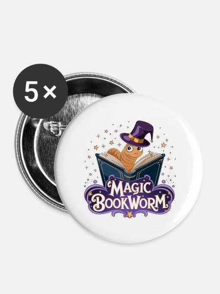 Magischer Bücherwurm - Buttons groß 56 mm (5er Pack) - Weiß