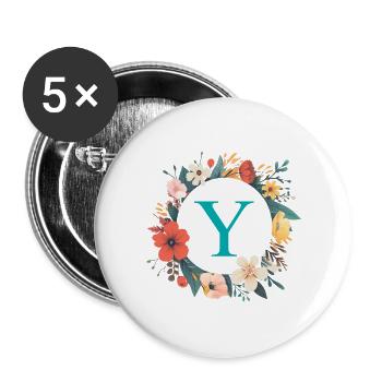 Monogramme Y, Couronne de fleurs, Personnalisable - Lot de 5 grands badges (56 mm) - blanc - Devant