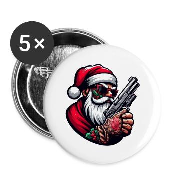 Gangster Weihnachtsmann mit Pistole - Buttons groß 56 mm (5er Pack) - Weiß - Vorne