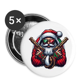 Weihnachtsmann mit zwei goldenen Pistolen - Buttons groß 56 mm (5er Pack) - Weiß - Vorne