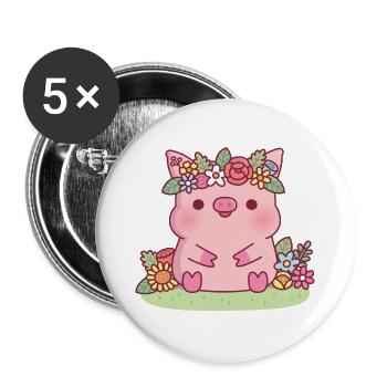 Cute Piggy With Flower Crown Floral - Buttons large 2.2''/56 mm (5-pack) - white - Front