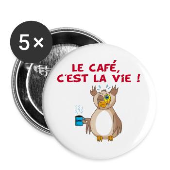 Hibou et café - Lot de 5 grands badges (56 mm) - blanc - Devant