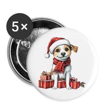 Weihnachts-Welpe mit Geschenken - Buttons groß 56 mm (5er Pack) - Weiß - Vorne
