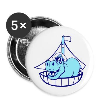 Lustiges Nilpferd Kapitän Segelt Süß Cartoon Comic - Buttons groß 56 mm (5er Pack) - Weiß - Vorne