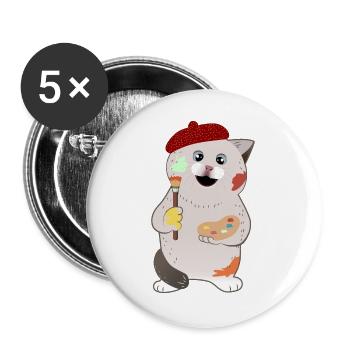 mignon chat potelé tenant un pinceau et une palette - Lot de 5 grands badges (56 mm) - blanc - Devant