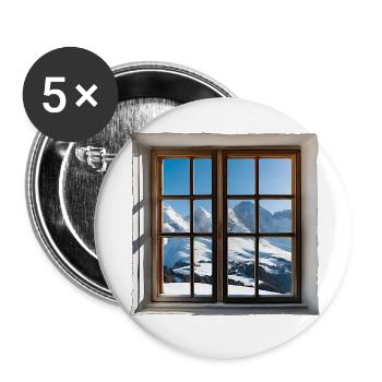 Blick aus dem Fenster Winterlandschaft Berge - Buttons groß 56 mm (5er Pack) - Weiß - Vorne