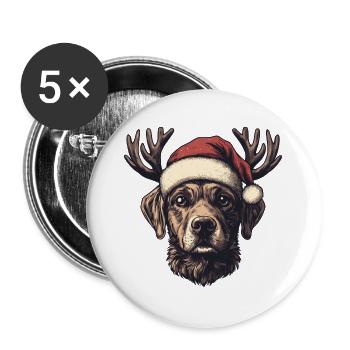 Chien avec chapeau de Noël et bois de Noël - Lot de 5 grands badges (56 mm) - blanc - Devant