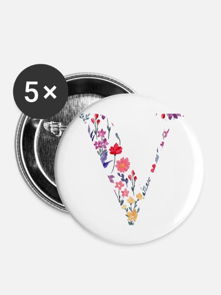 Personalisierter Blumenbuchstabe V - Geschenkidee - Buttons groß 56 mm (5er Pack) - Weiß