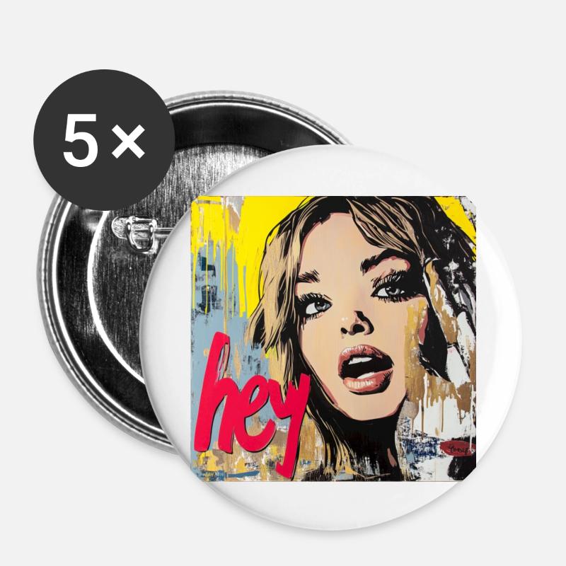 HEY Gruß in rot Popart - Buttons groß 56 mm (5er Pack) - Weiß