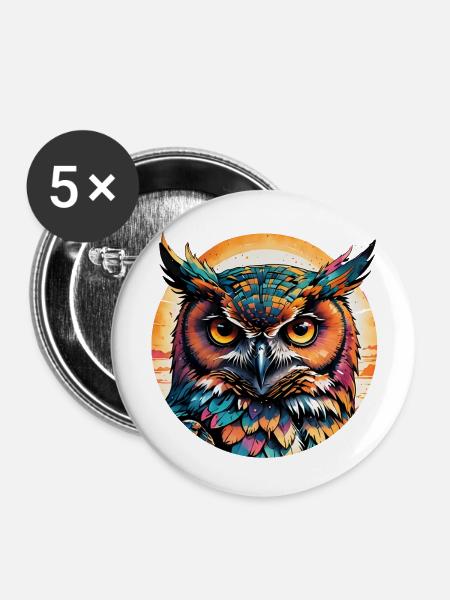Eule Retrostyle - Buttons groß 56 mm (5er Pack) - Weiß