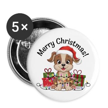 Hund Weihnachten Weihnachtsmütze Merry Christmas - Buttons groß 56 mm (5er Pack) - Weiß - Vorne