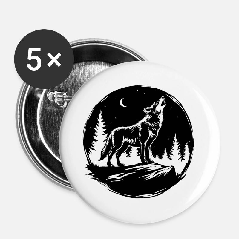Black-and-White Stencil: Howling Wolf on a Rock - Buttons large 2.2''/56 mm (5-pack) - white