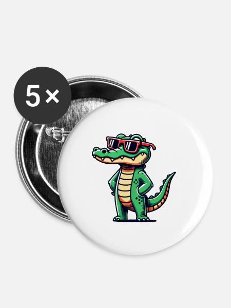 krokodil comic cool - Buttons groß 56 mm (5er Pack) - Weiß