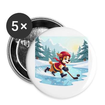 Cartoon dog playing hockey on pond in winter - Buttons large 2.2''/56 mm (5-pack) - white - Front