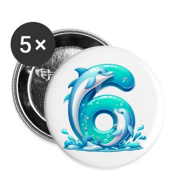 Kinderdesign – Delfin und Zahlen Spaß - Buttons groß 56 mm (5er Pack) - Weiß - Vorne