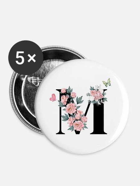 Buchstabe m rosa Blumen - Buttons groß 56 mm (5er Pack) - Weiß