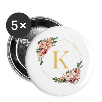 K Monogramm, Blumen-Kranz, personalisierbar - Buttons groß 56 mm (5er Pack) - Weiß - Vorne