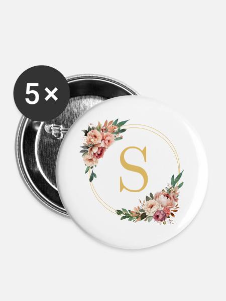 S Monogramm, Blumen-Kranz, personalisierbar - Buttons groß 56 mm (5er Pack) - Weiß